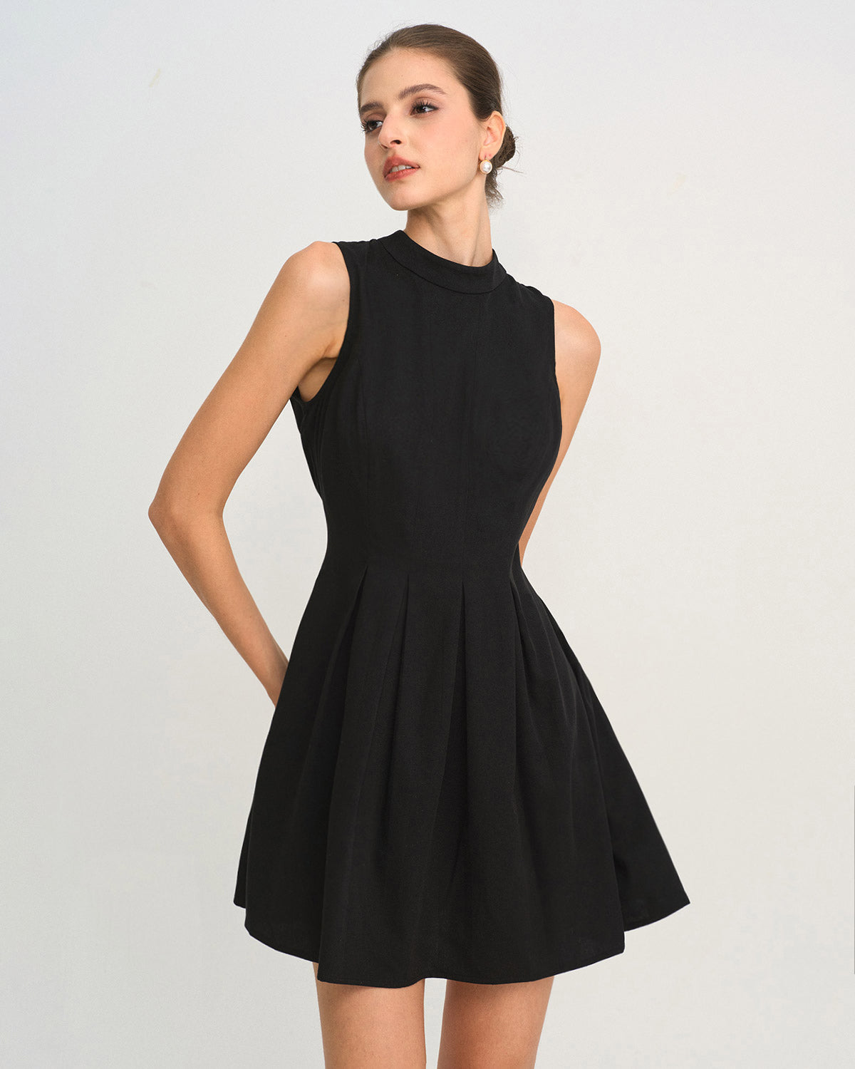 Black Mock Neck Ruched Sleeveless Mini Dress