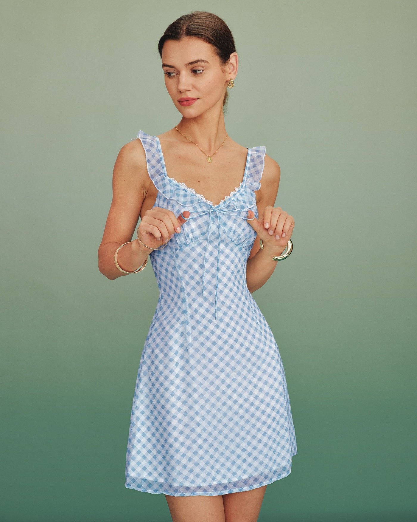 Blue Plaid Splicing Slip Mini Dress
