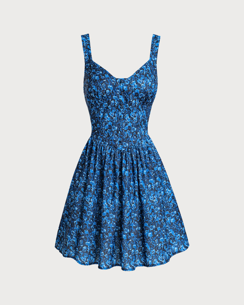 Blue Floral U-Neck Shirred Mini Dress