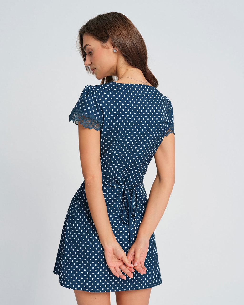 Blue V Neck Polka Dot Mini Dress