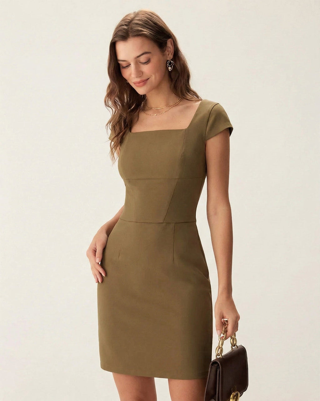 Brown Square Neck Cap Sleeve Mini Dress