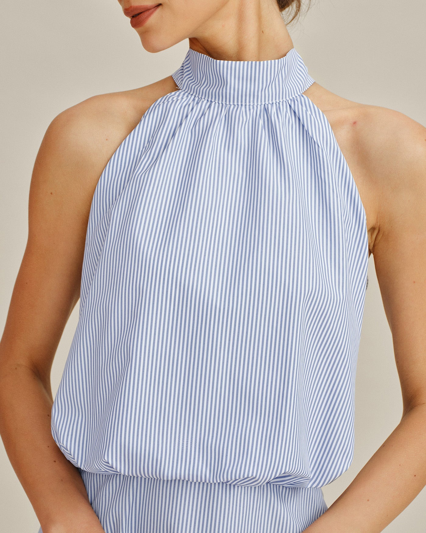 Blue Mock Neck Tie Striped Mini Dress