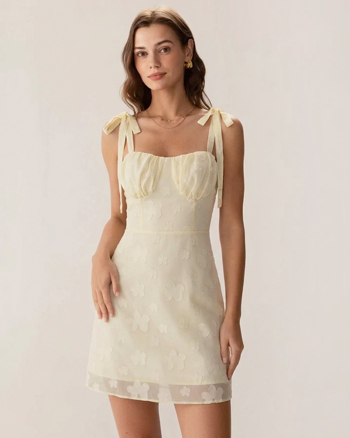 Yellow Jacquard Tie Strap Mini Dress