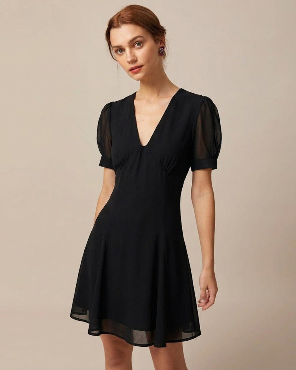 Black V Neck Puffed Sleeve Mini Dress