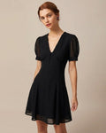 Black V Neck Puffed Sleeve Mini Dress