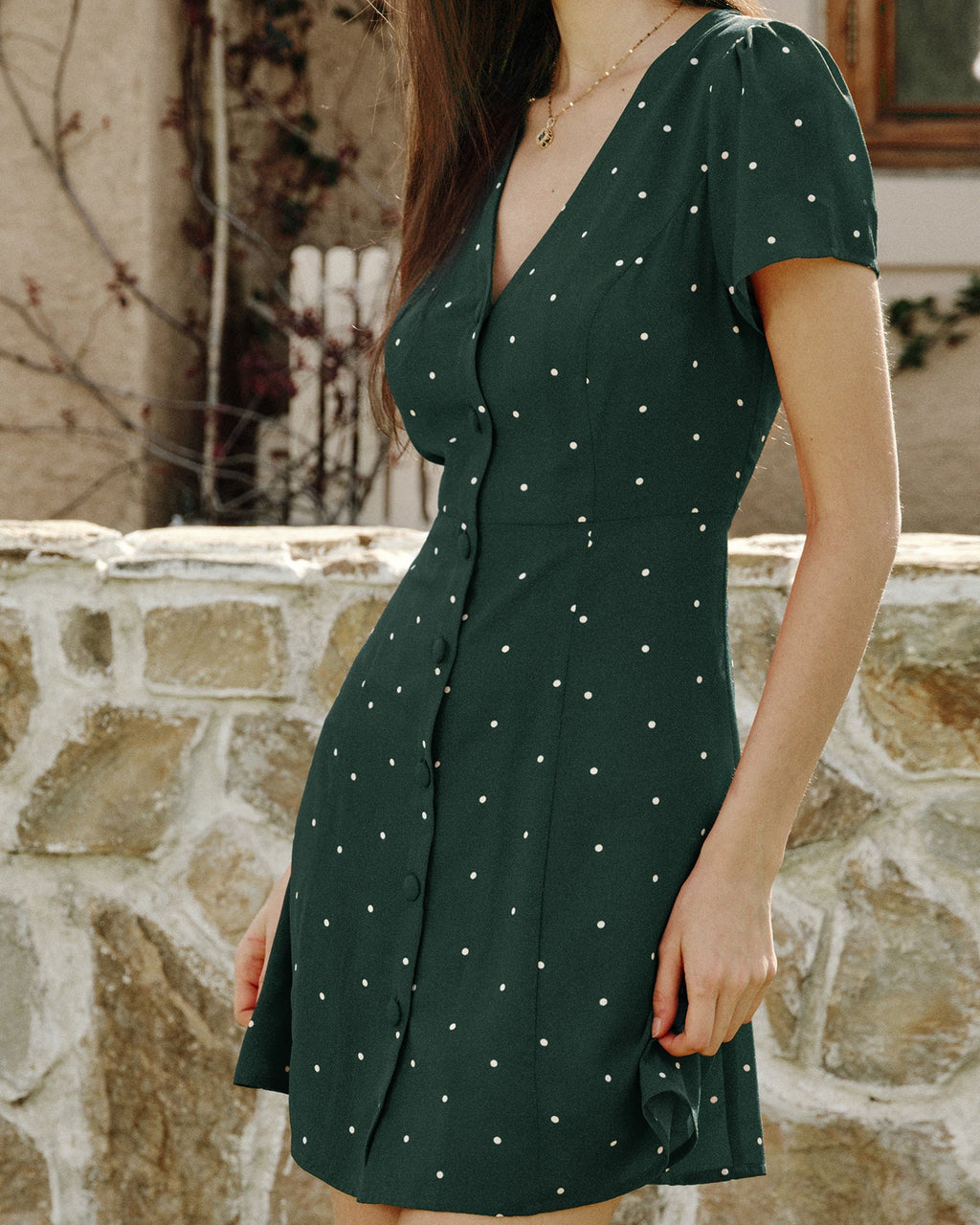 Green V Neck Polka Dot Mini Dress