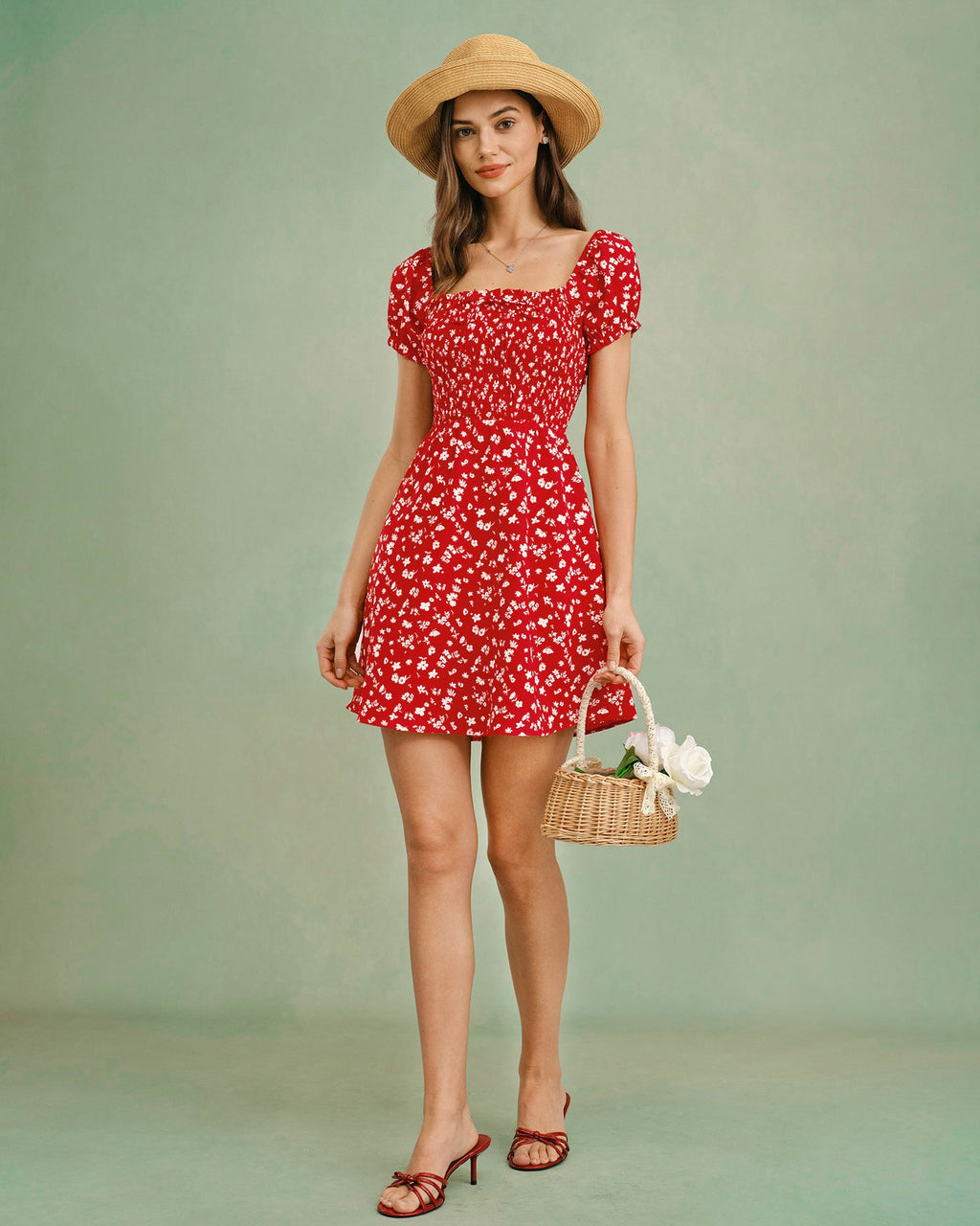 Red Square Neck Floral Mini Dress