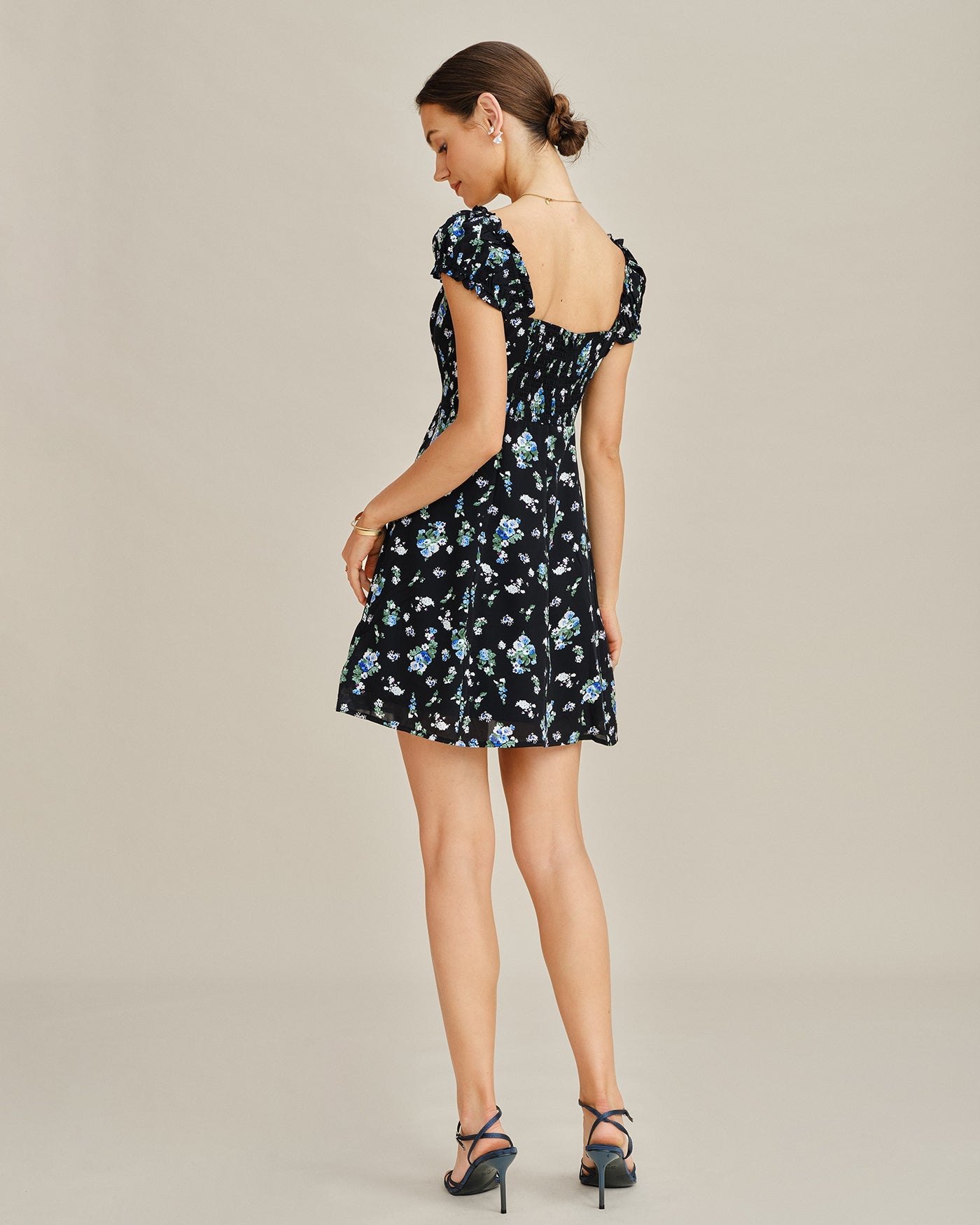 Black V Neck Floral Tunic Mini Dress