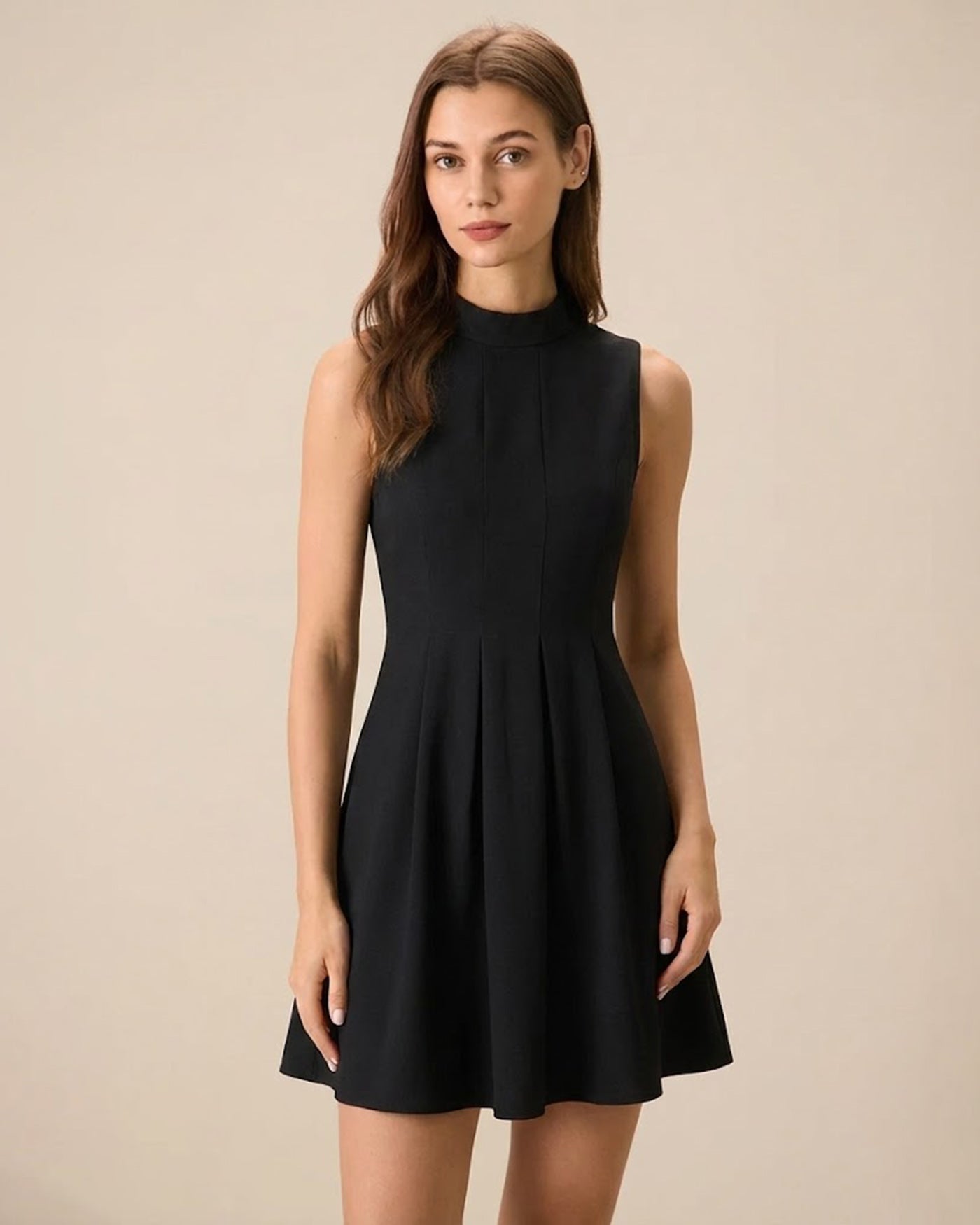 Black Mock Neck Ruched Sleeveless Mini Dress