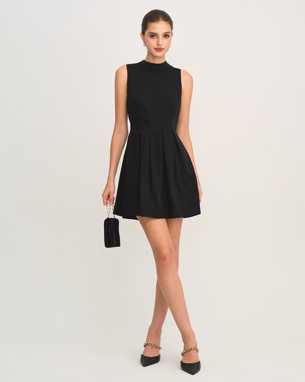 Black Mock Neck Ruched Sleeveless Mini Dress