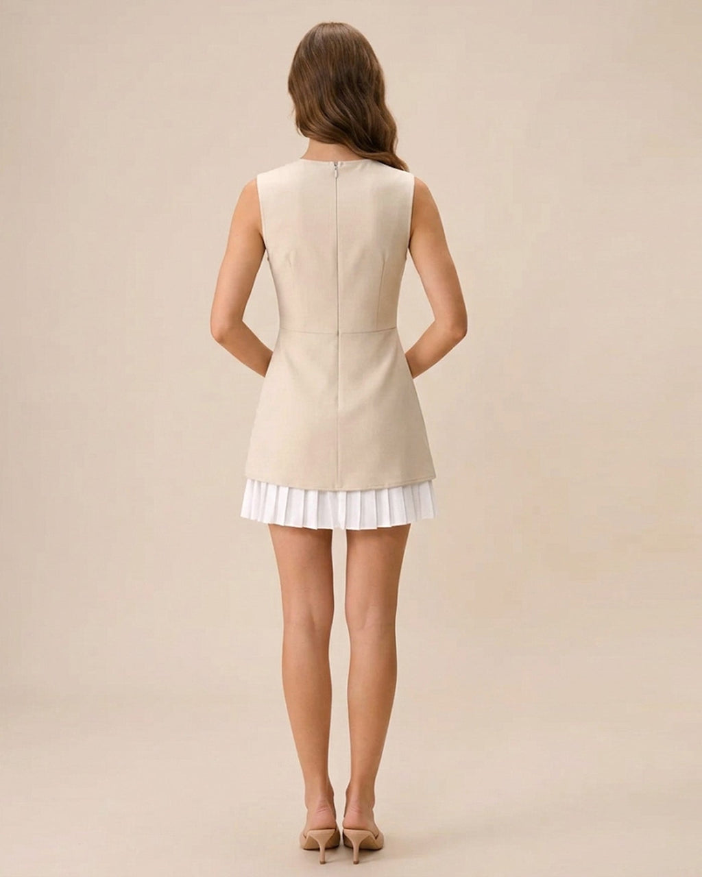 Women's Apricot Splicing Pleated Mini Dress