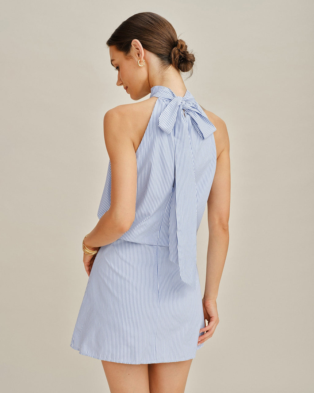 Blue Mock Neck Tie Striped Mini Dress