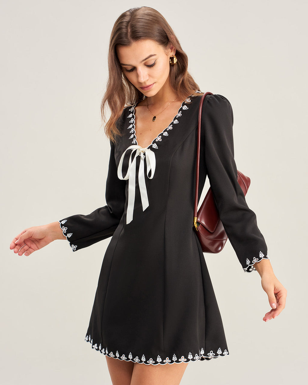 Black Contrasting Embroidery Mini Dress