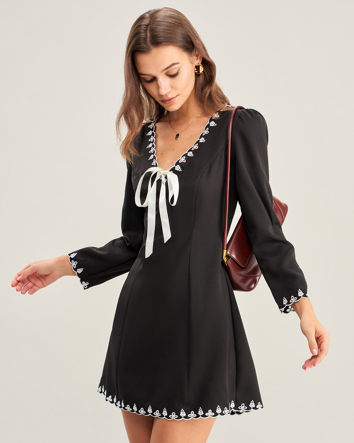 Black Contrasting Embroidery Mini Dress