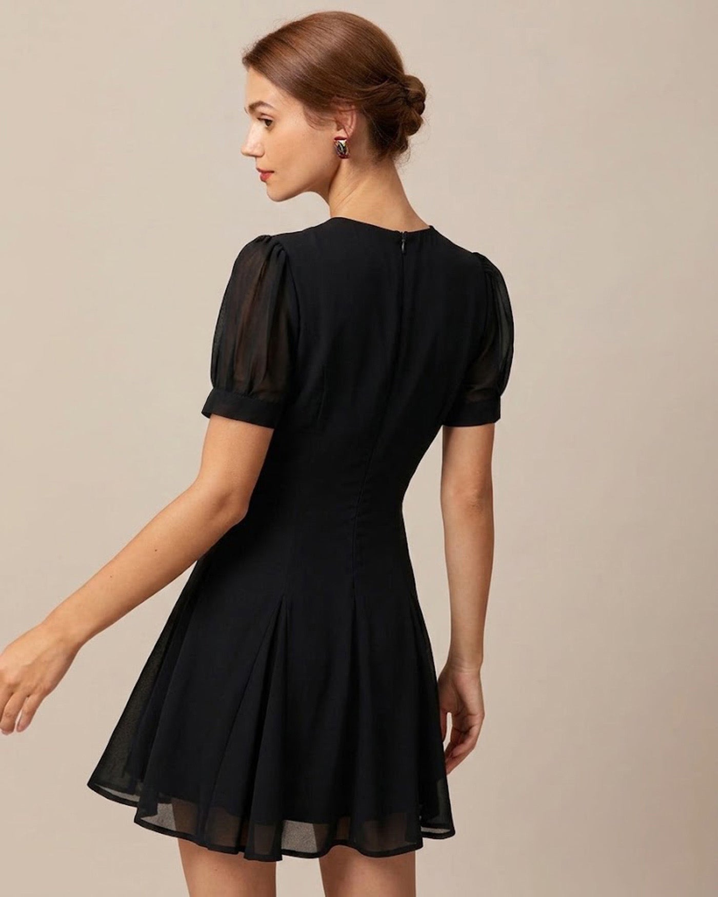 Black V Neck Puffed Sleeve Mini Dress