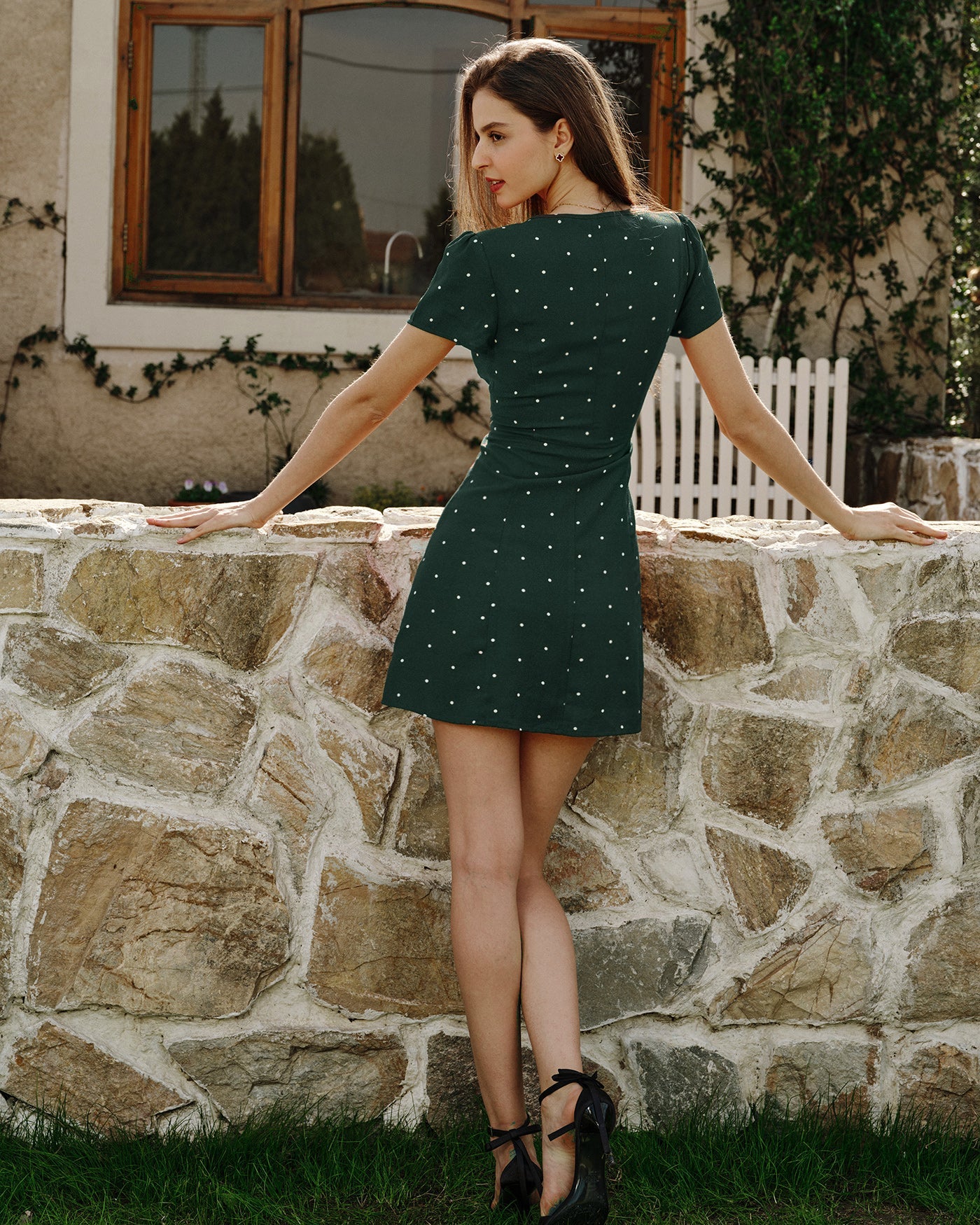 Green V Neck Polka Dot Mini Dress