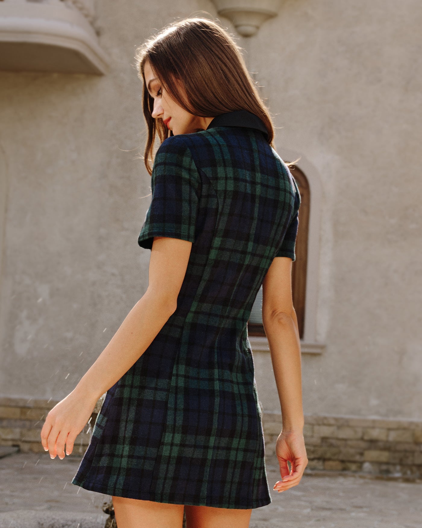 Green Plaid Collar Mini Dress