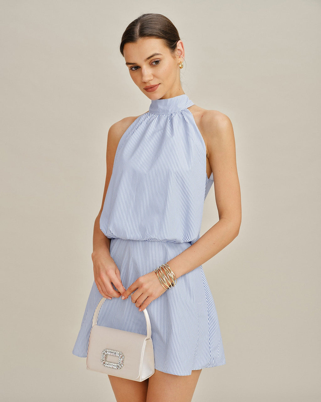 Blue Mock Neck Tie Striped Mini Dress