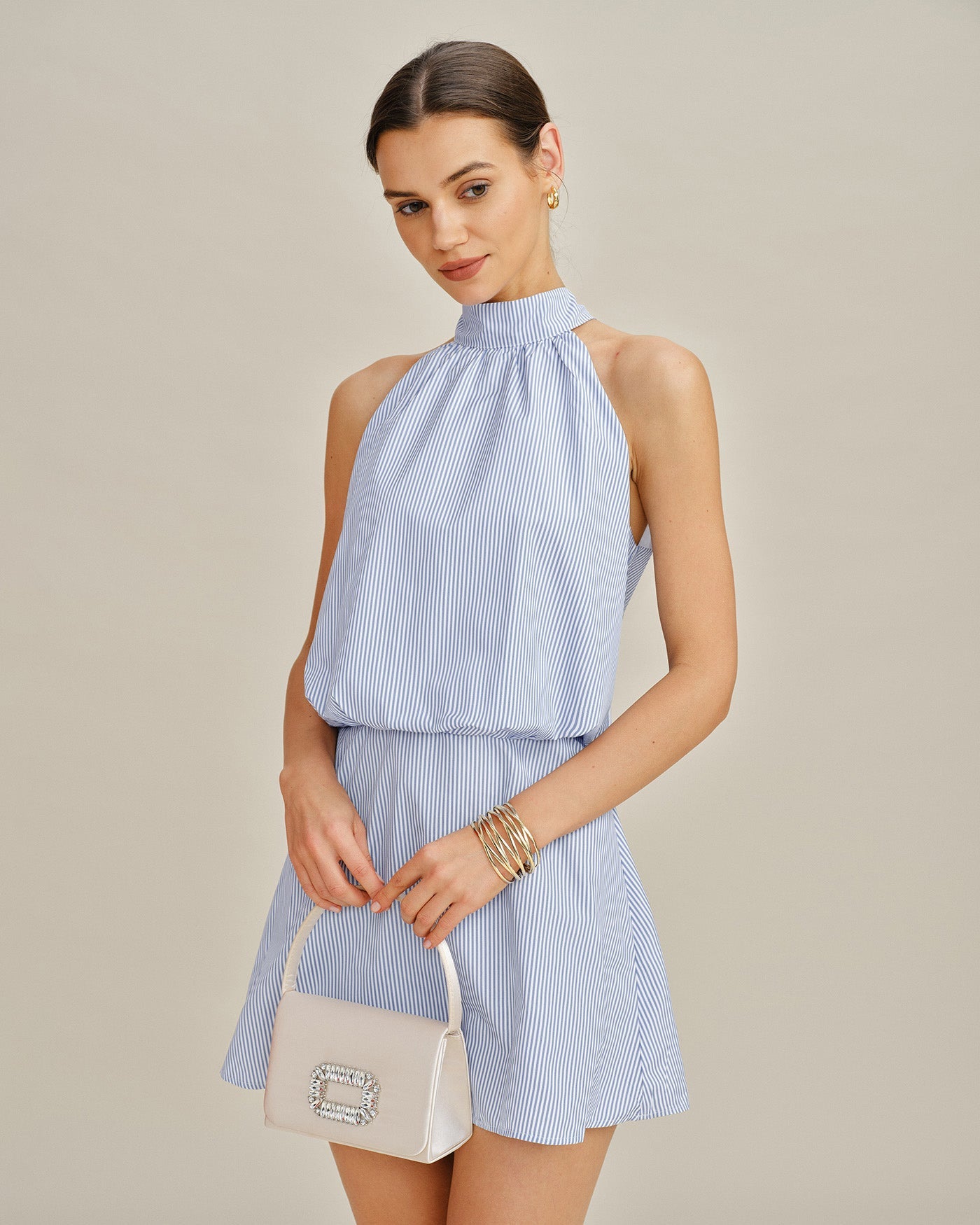 Blue Mock Neck Tie Striped Mini Dress
