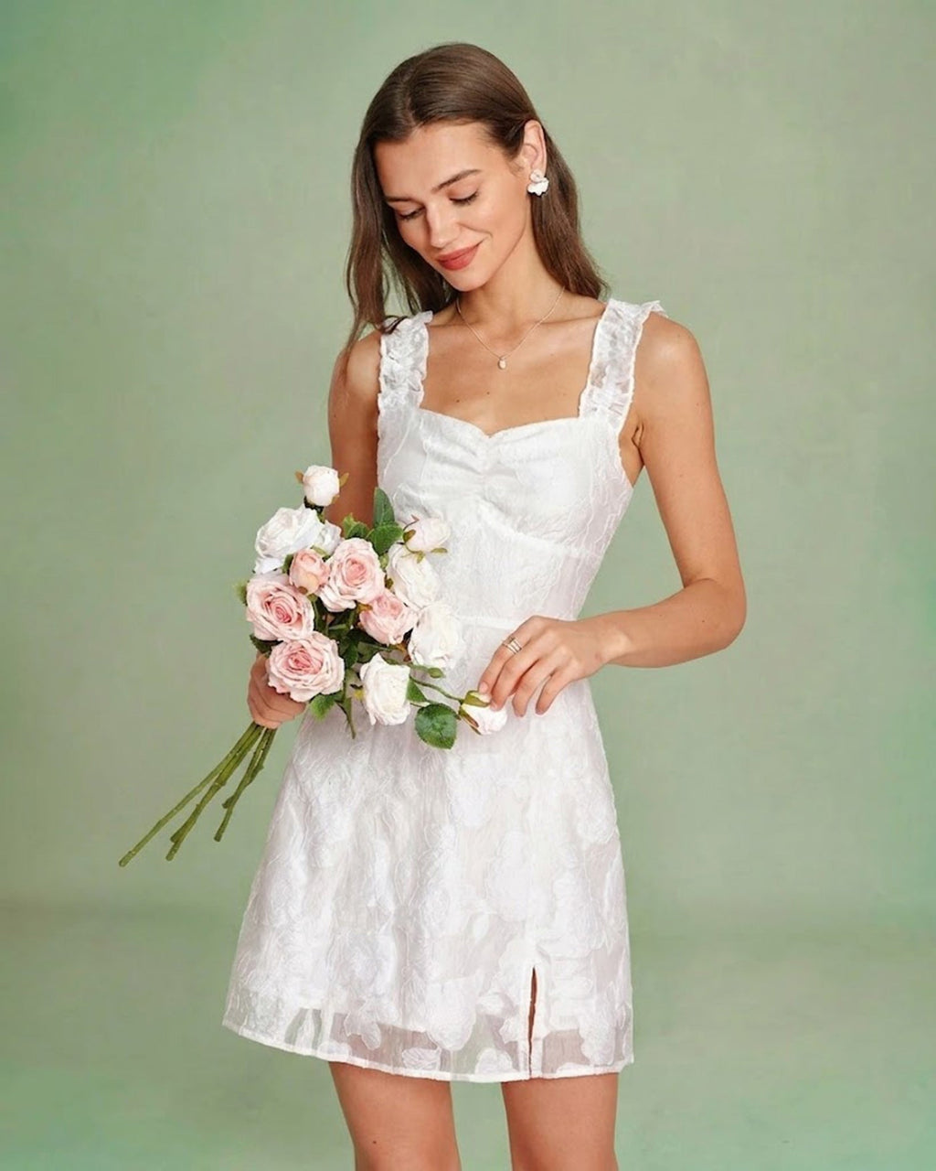 White Sweetheart Neck Jacquard Mini Dress