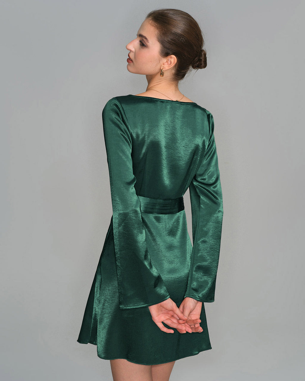 Green Boat Neck Satin Mini Dress