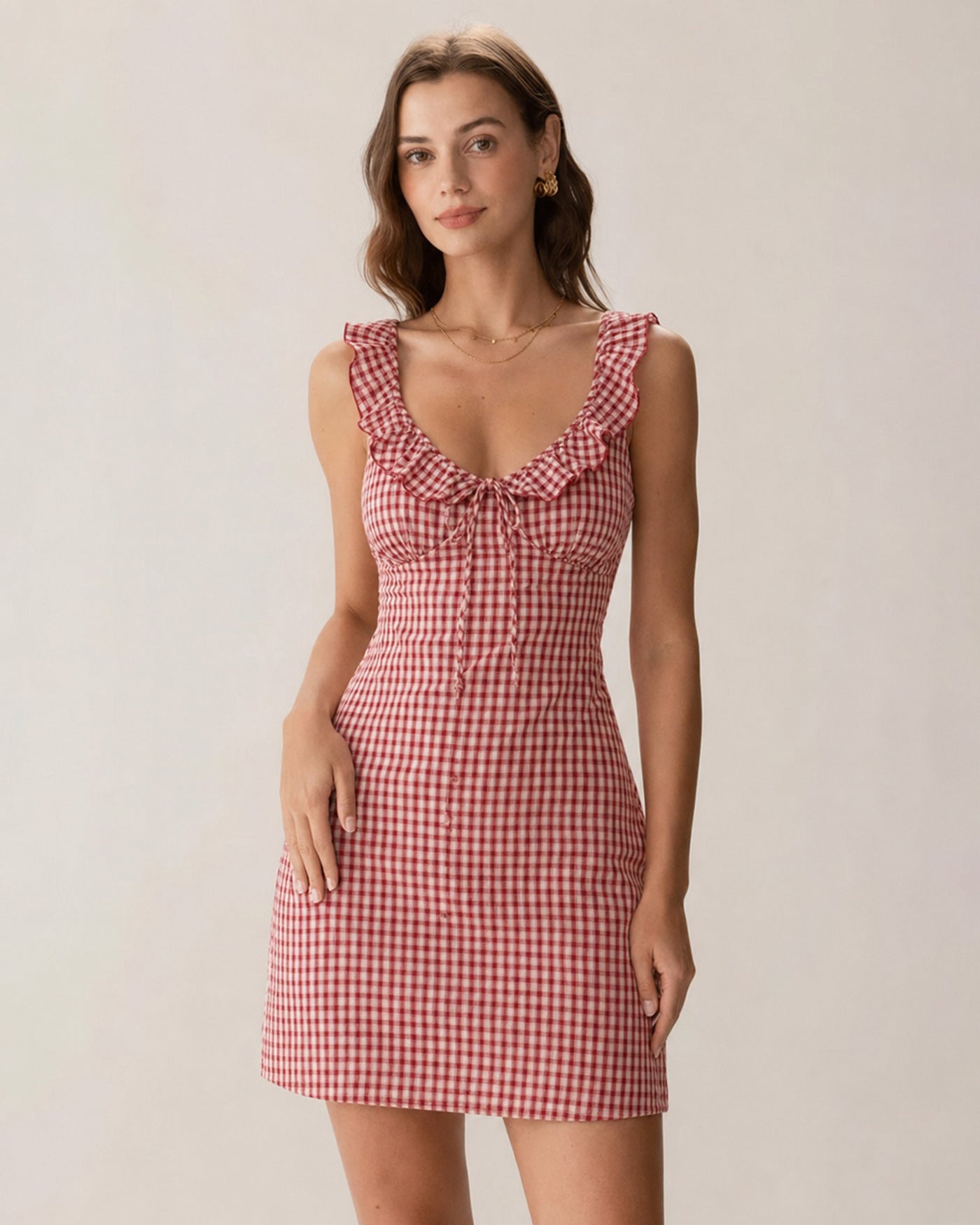 Red V Neck Plaid Slip Mini Dress