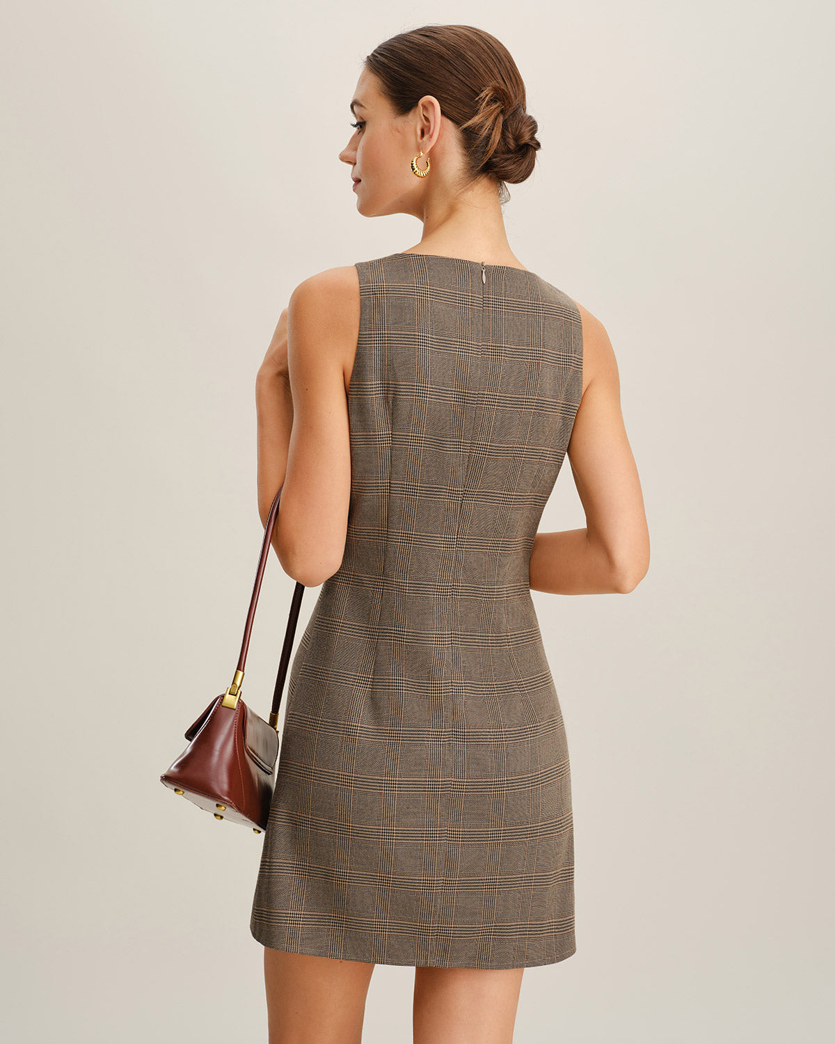 Brown Plaid Sleeveless Mini Dress