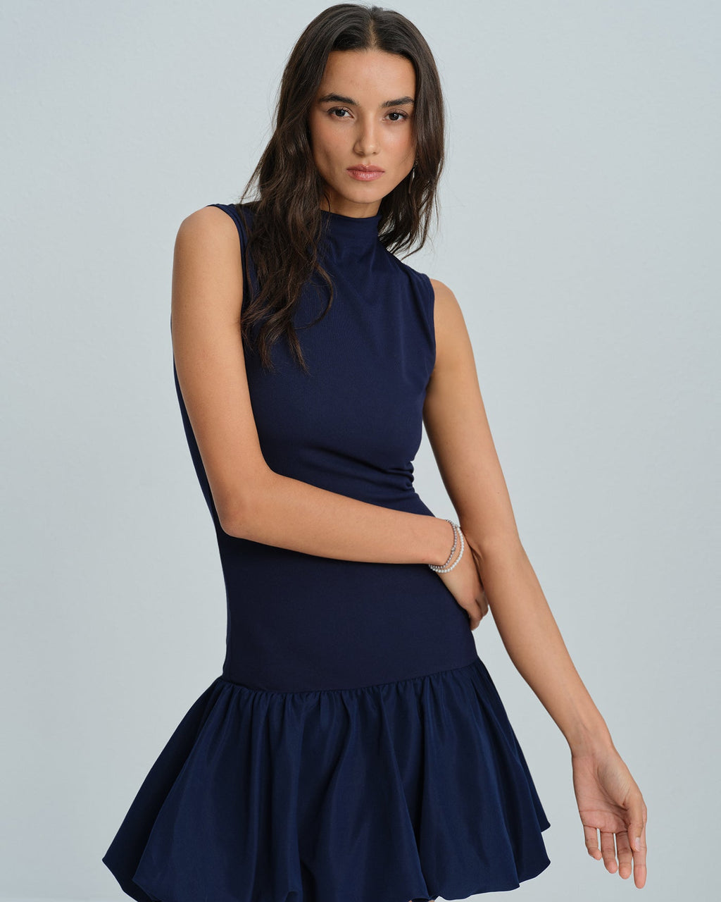 Navy Mock Neck Ruched Mini Dress