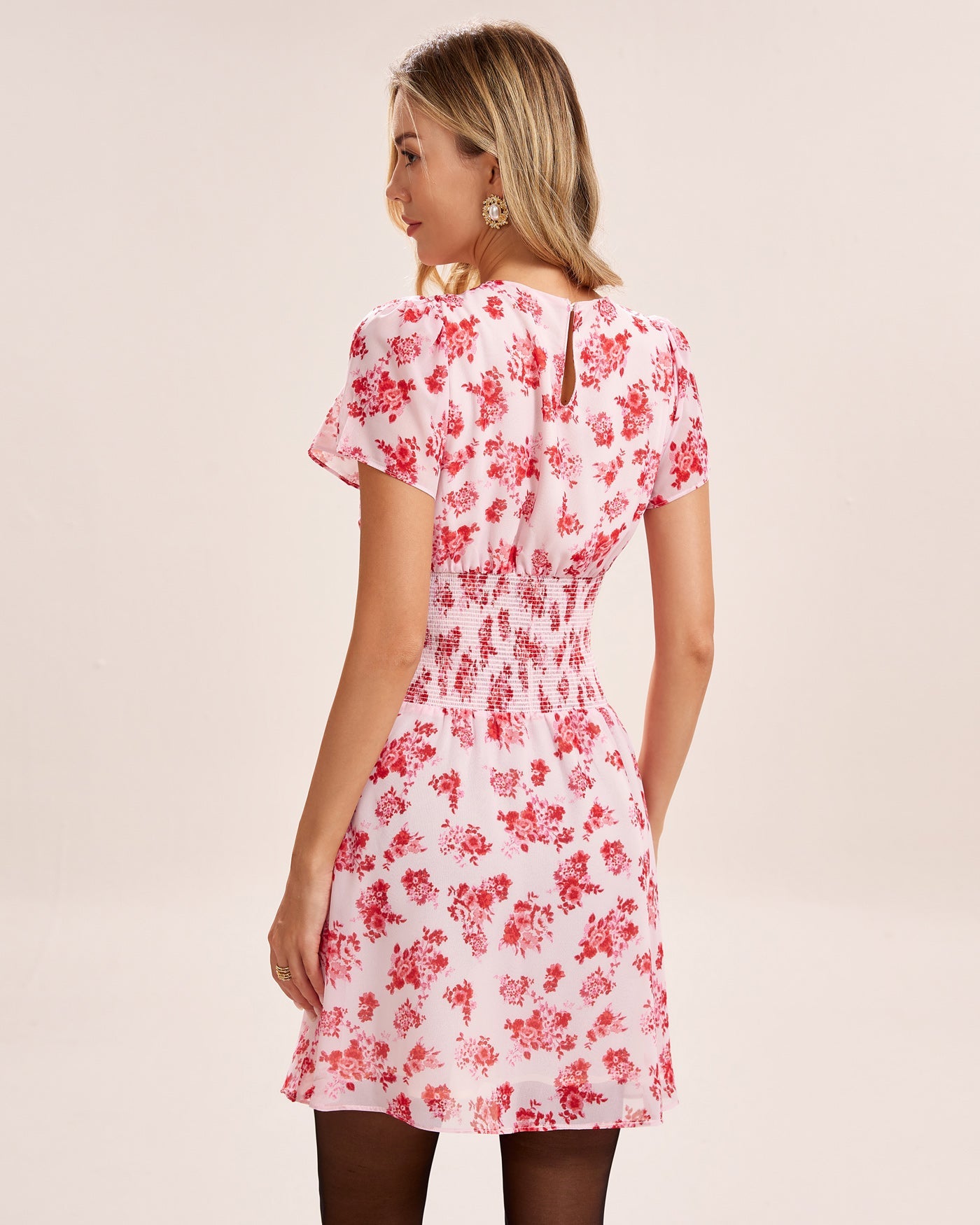 Pink Floral Shirred Mini Dress