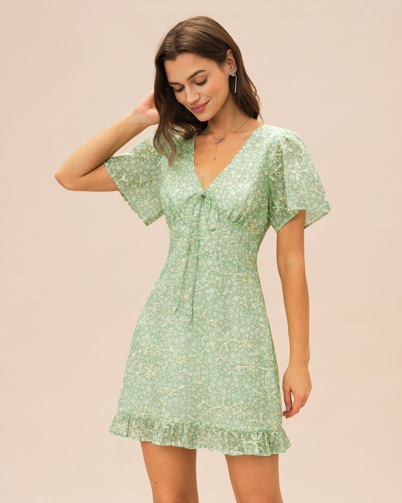 Green V Neck Floral Mini Dress