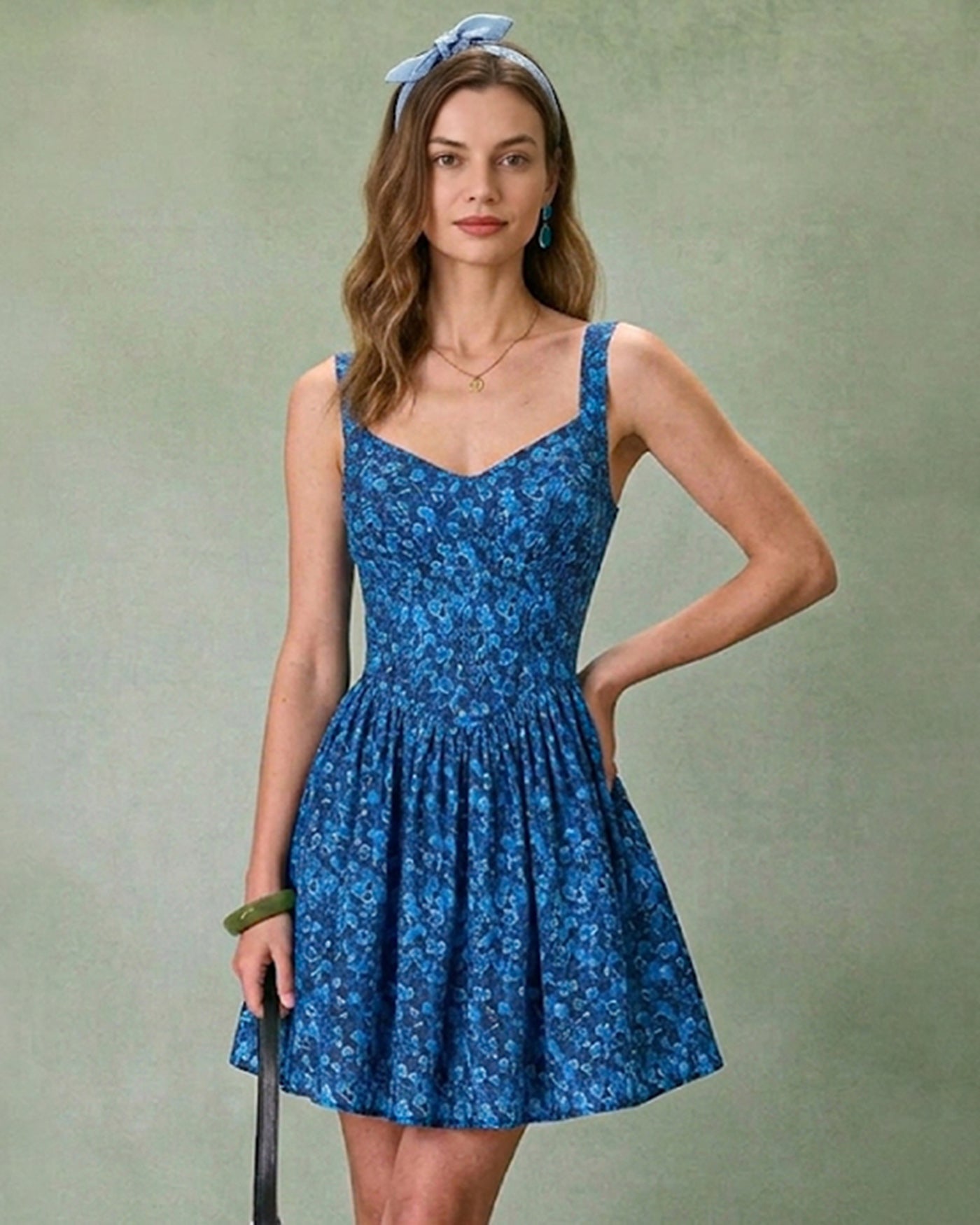 Blue Floral U-Neck Shirred Mini Dress