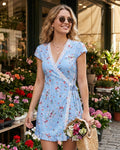 Blue Floral A-Line Wrap Mini Dress