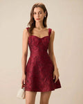 Wine Red Sweetheart Neck Jacquard Mini Dress