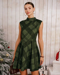 Green Plaid Mock Neck Sleeveless Mini Dress