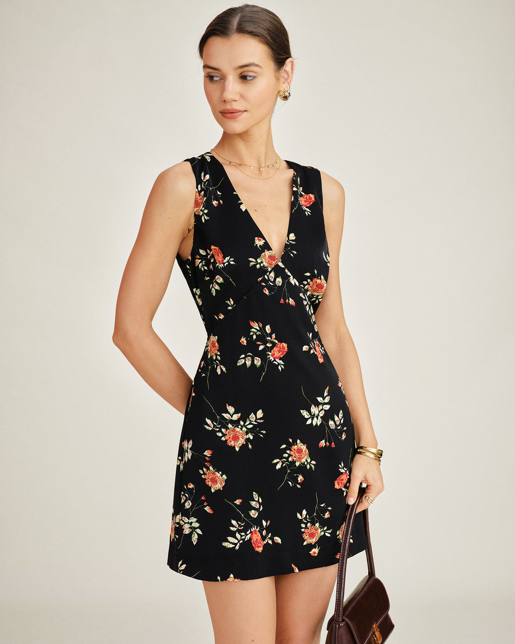 Black V Neck Floral A-Line Mini Dress