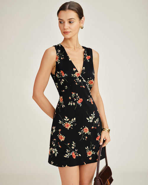 Black V Neck Floral A-Line Mini Dress