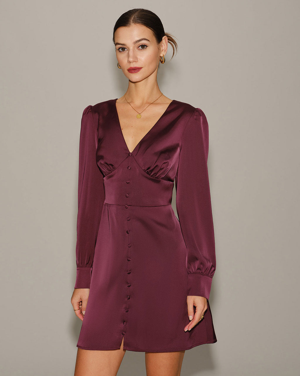 Purple Satin V Neck Mini Dress