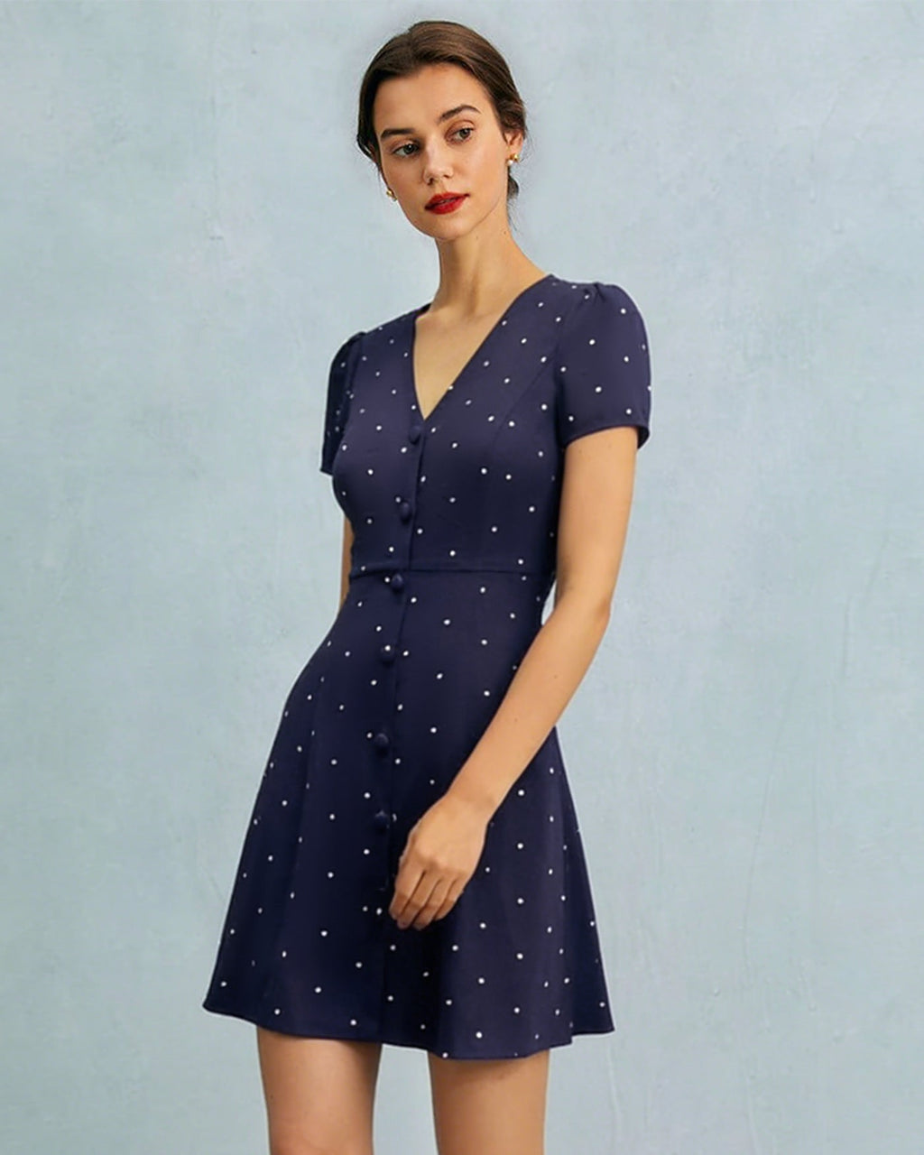 Blue V Neck Polka Dot Button Mini Dress
