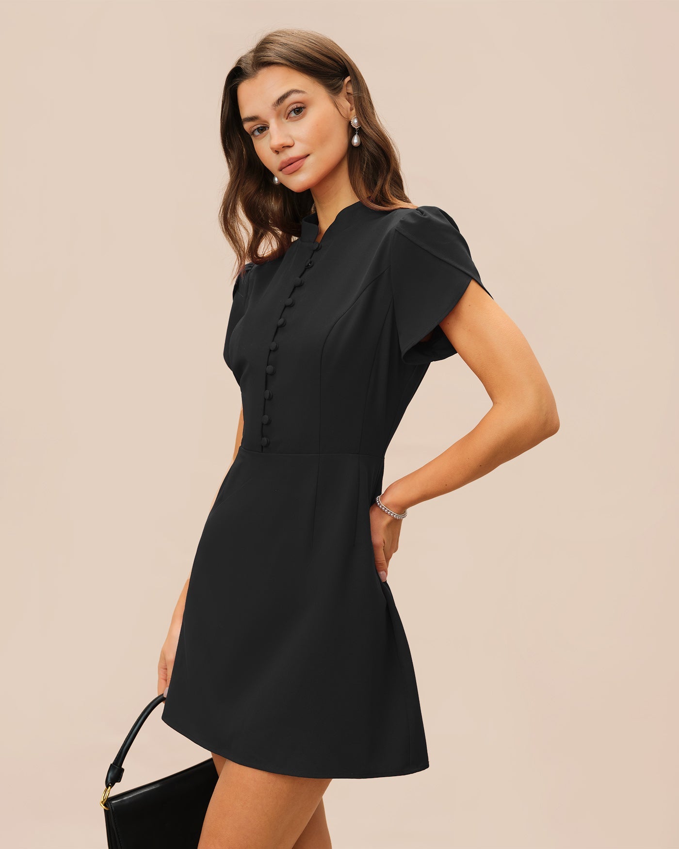 Black Mandarin Collar Petal Sleeve Mini Dress