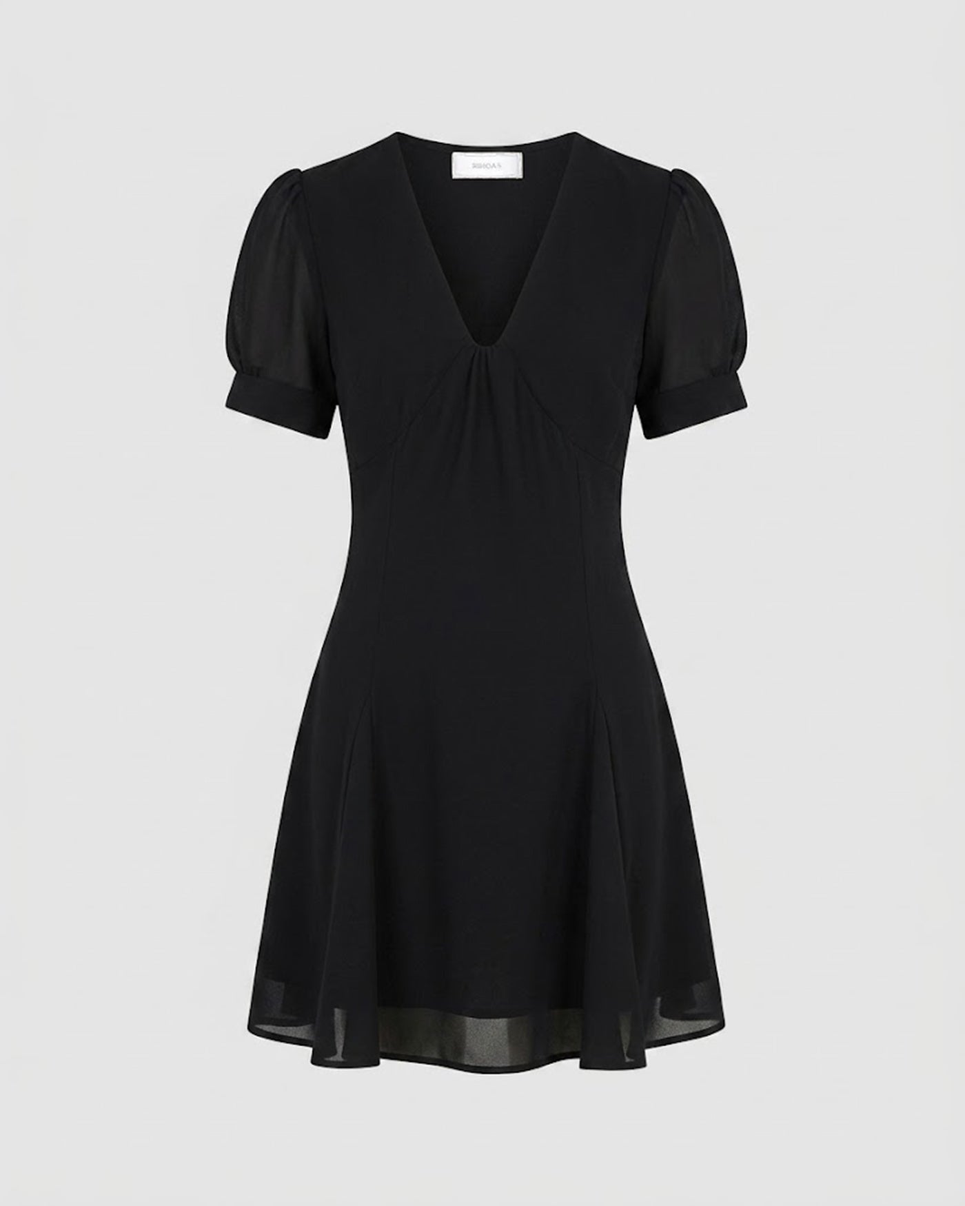 Black V Neck Puffed Sleeve Mini Dress