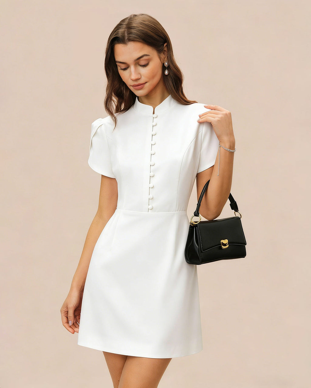 White Mandarin Collar Button Mini Dress