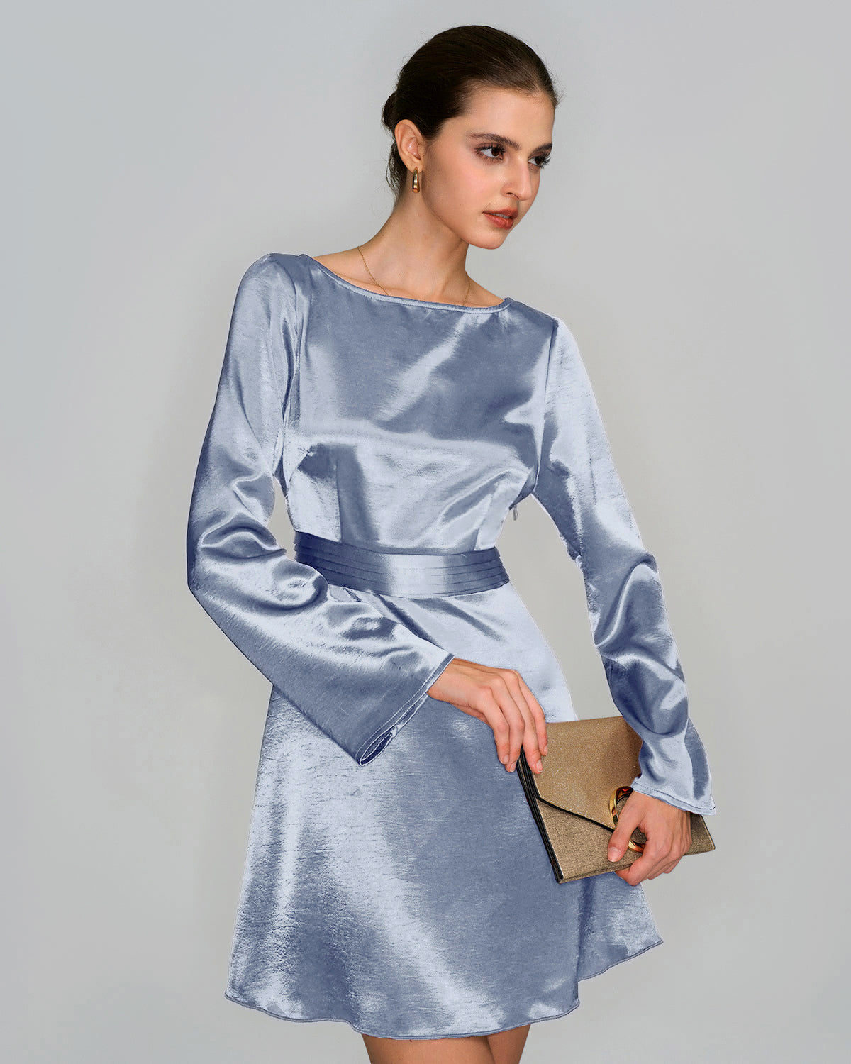Blue Boat Neck Satin Mini Dress
