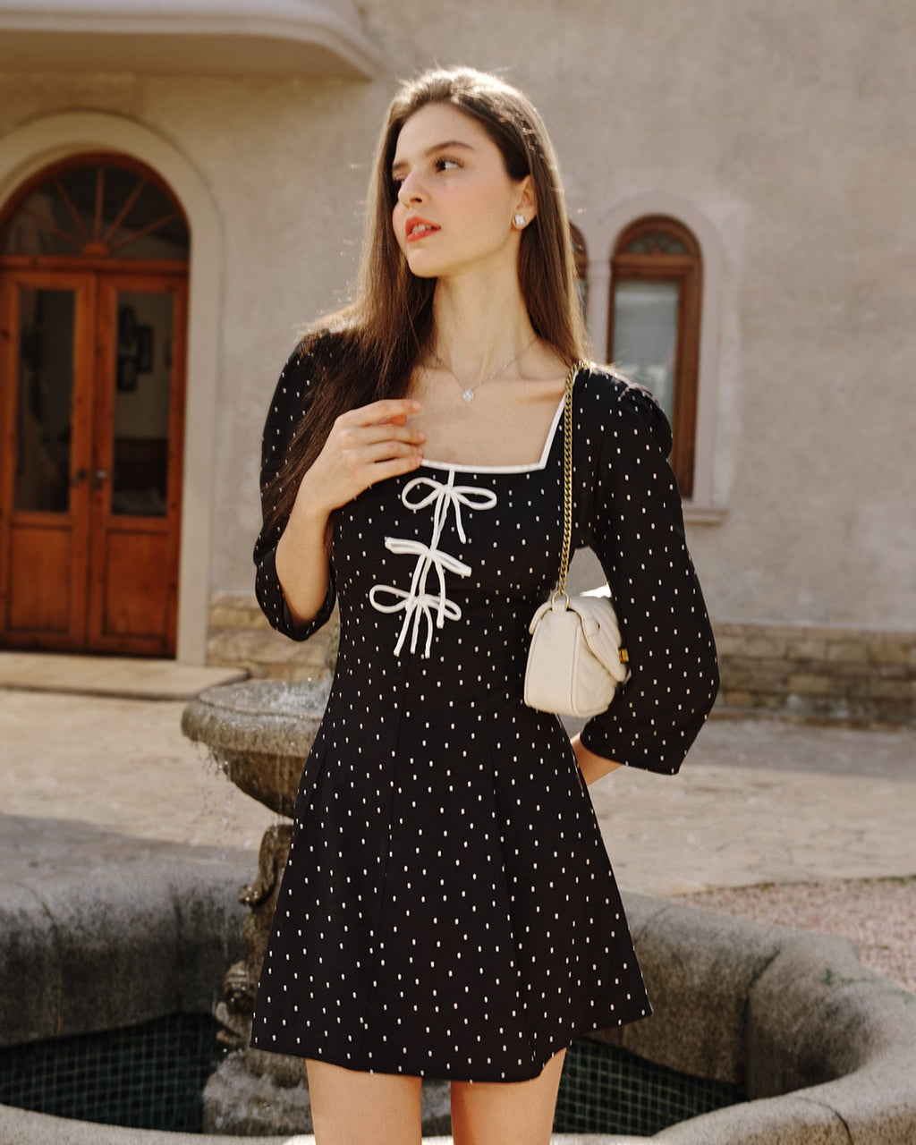 Black Polka Dot Square Neck Mini Dress