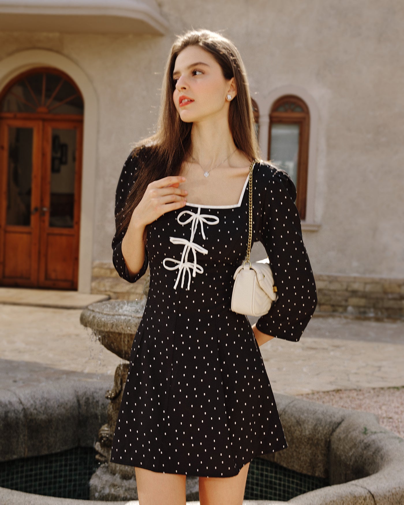 Black Polka Dot Square Neck Mini Dress