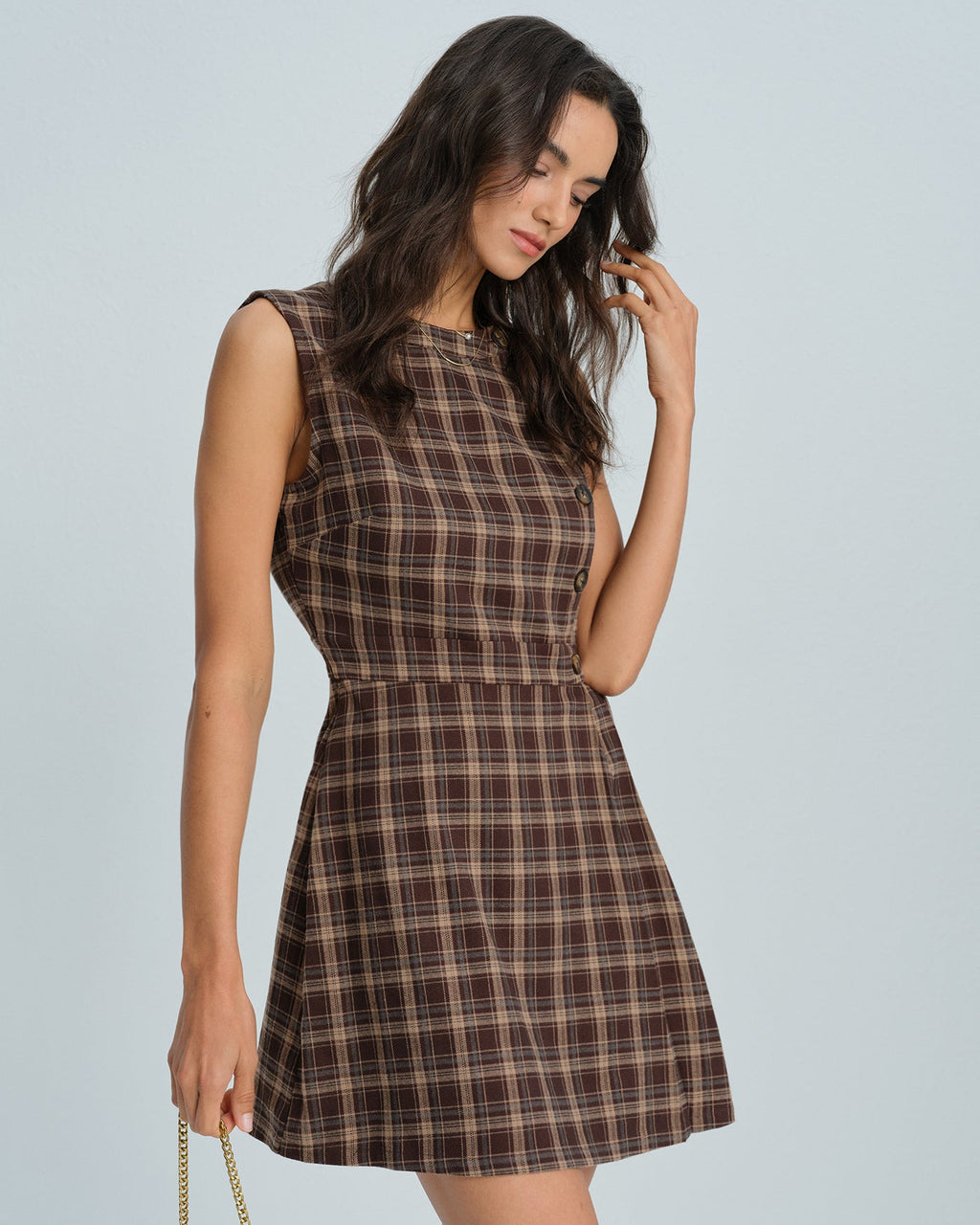Brown Sleeveless Plaid Mini Dress