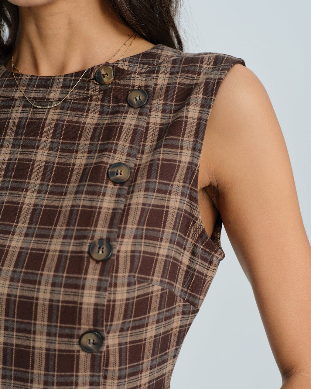 Brown Sleeveless Plaid Mini Dress