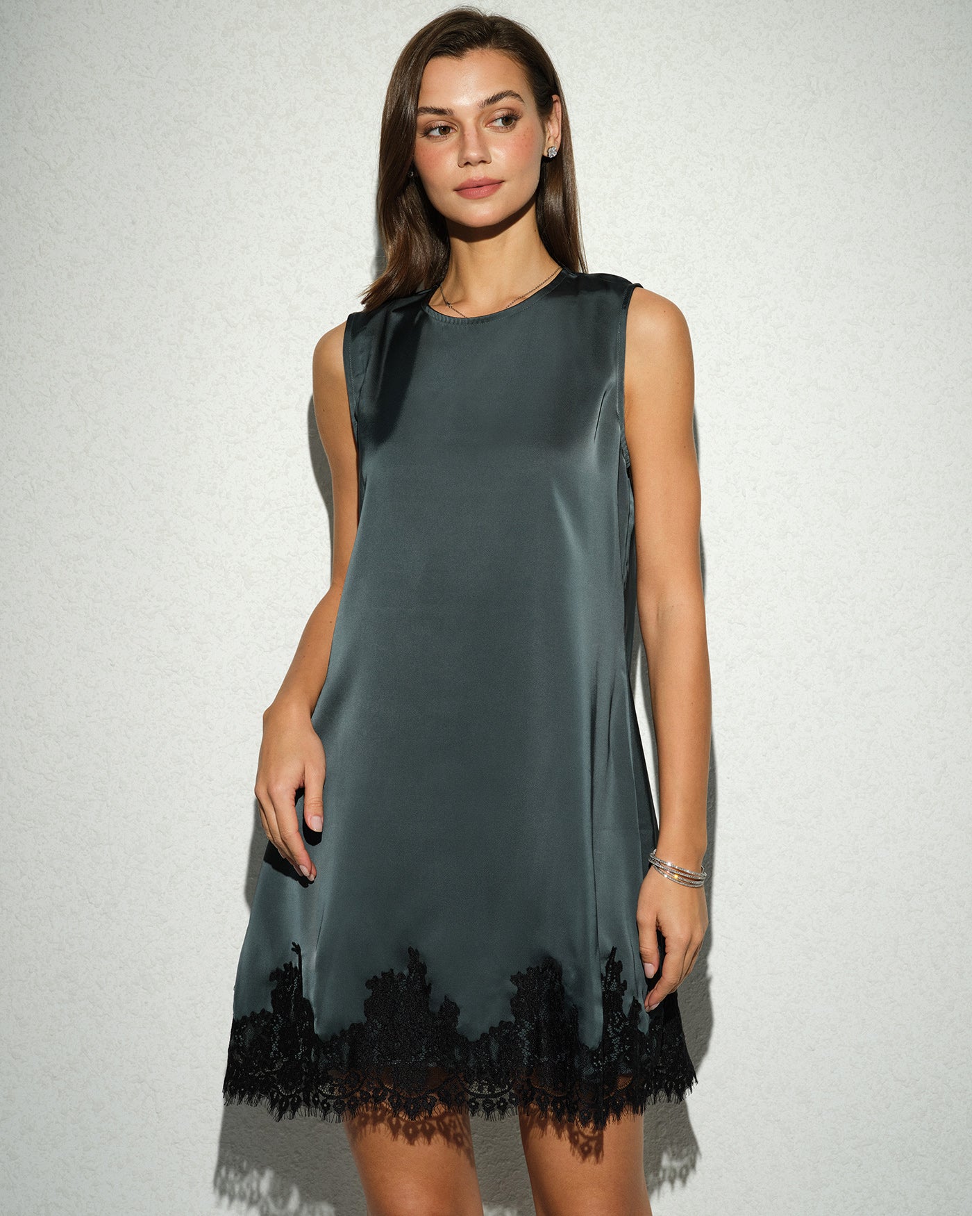 Green Sleeveless Lace Tunic Mini Dress