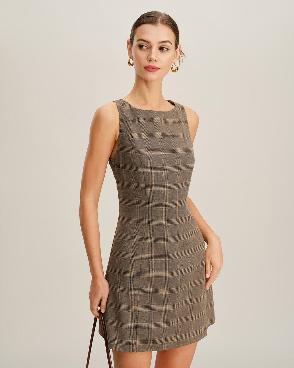 Brown Plaid Sleeveless Mini Dress