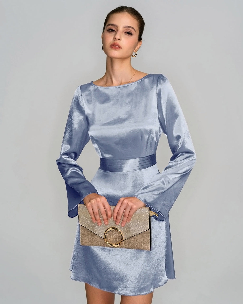 Blue Boat Neck Satin Mini Dress