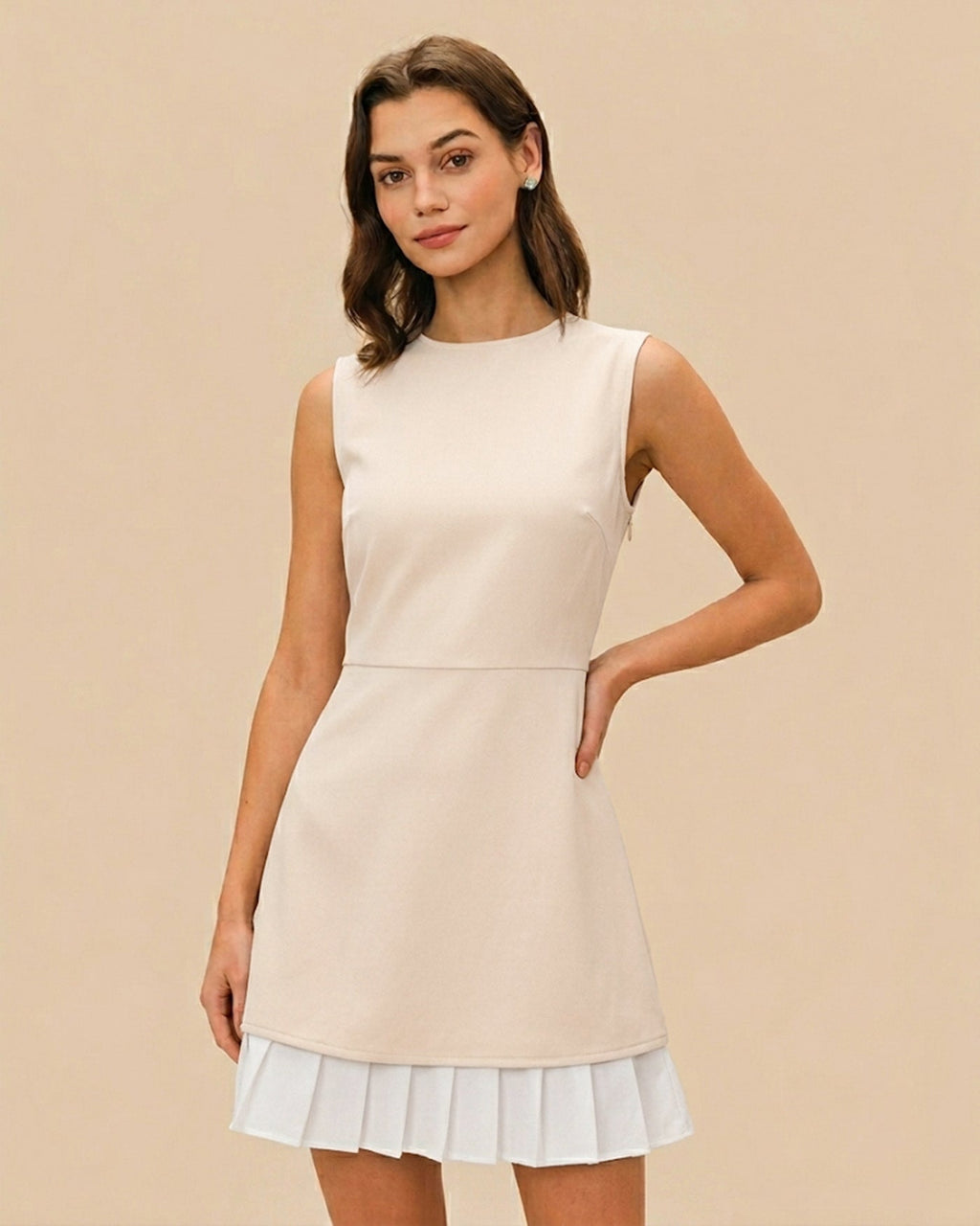 Women's Apricot Splicing Pleated Mini Dress